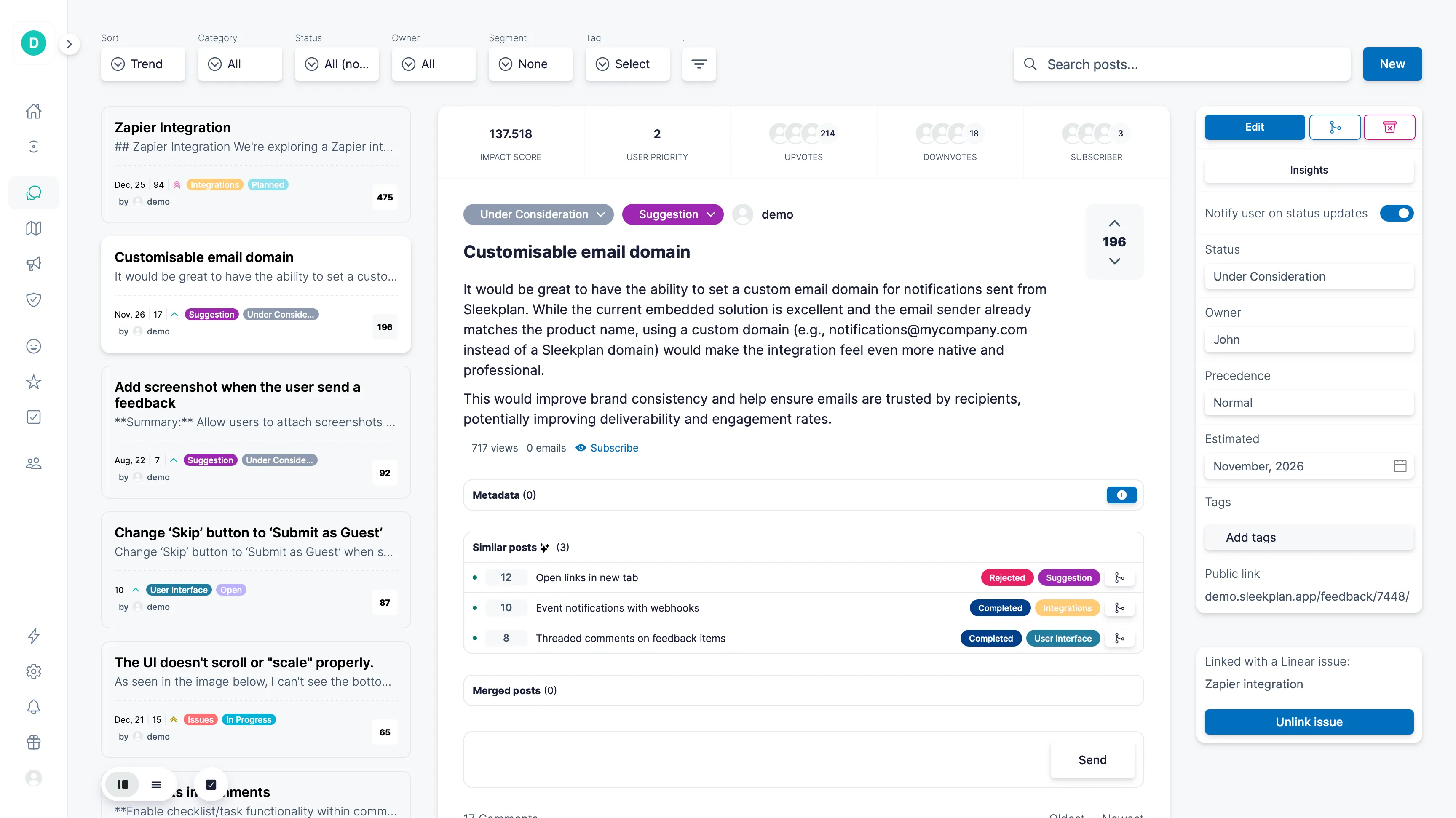 Sleekplan Feedback Board admin view: post detail with impact score, similar posts and Linear linking