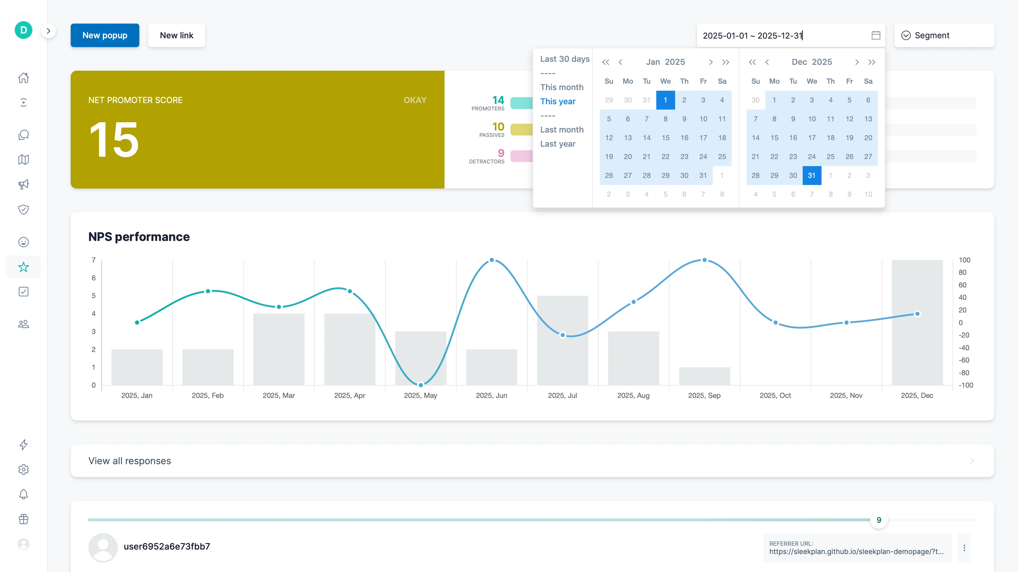 Sleekplan NPS dashboard: promoter/passive/detractor breakdown and monthly trend chart