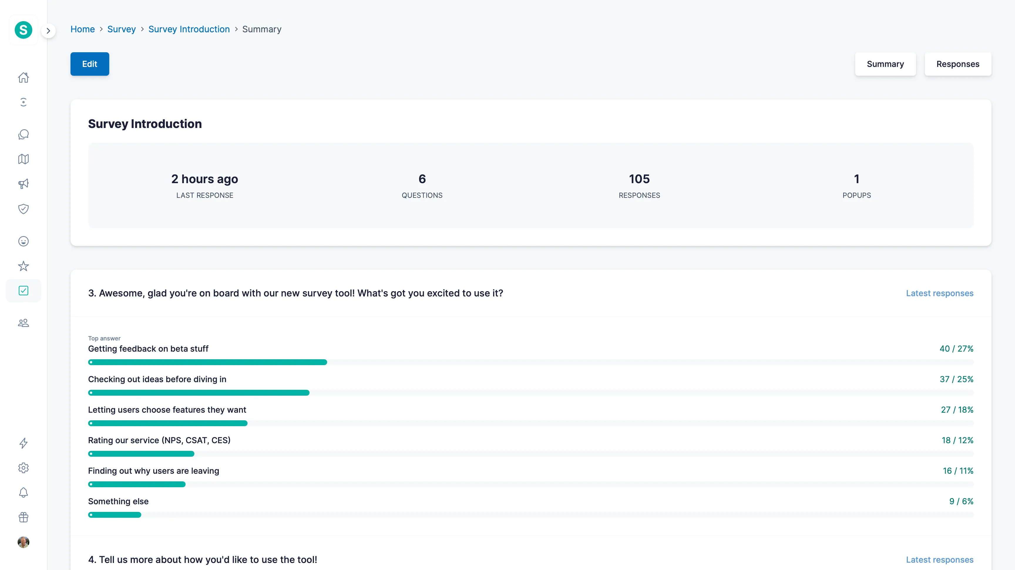 Sleekplan Surveys admin view: response summary with question breakdown and top answers