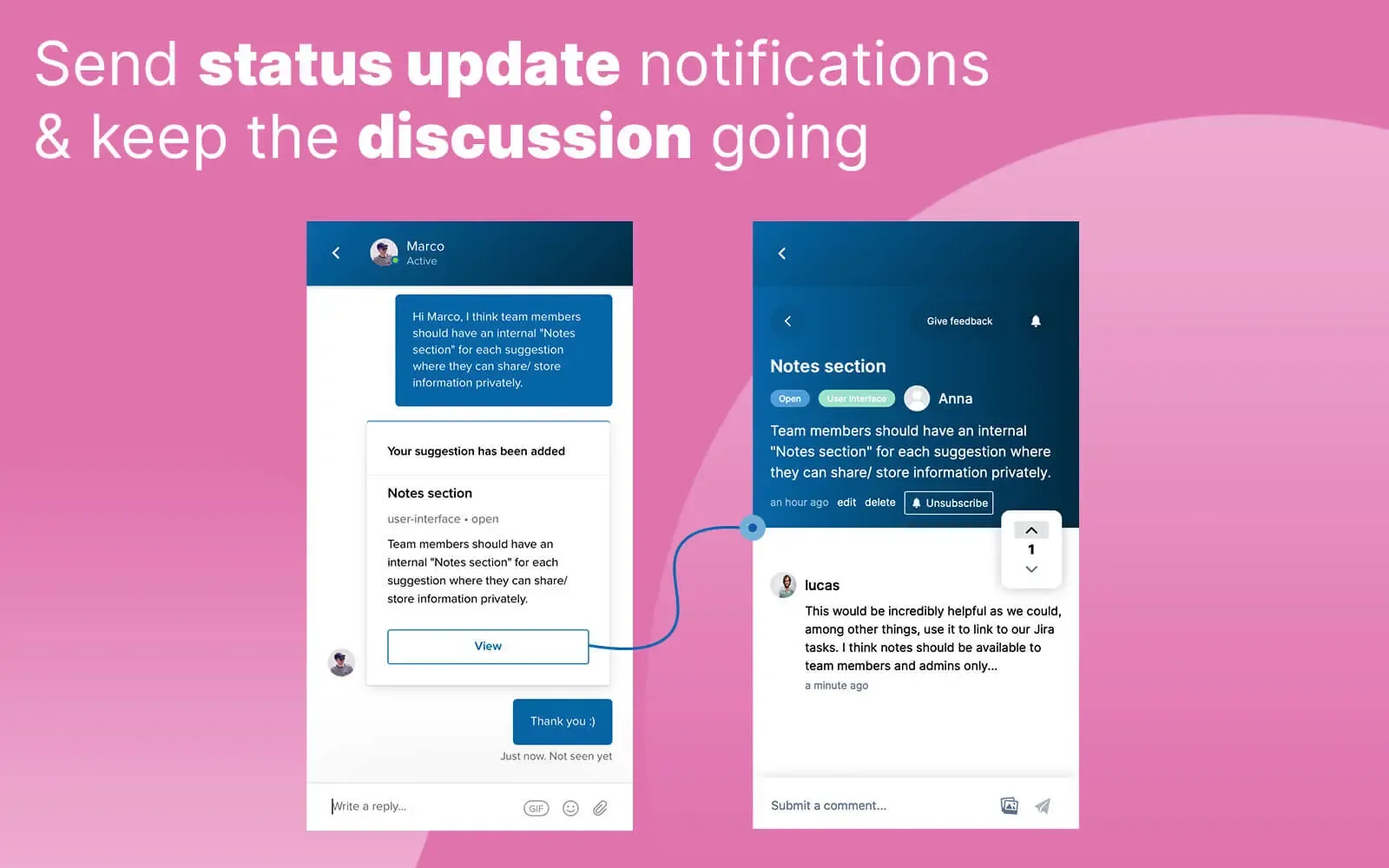 Status-change notifications delivered via Intercom