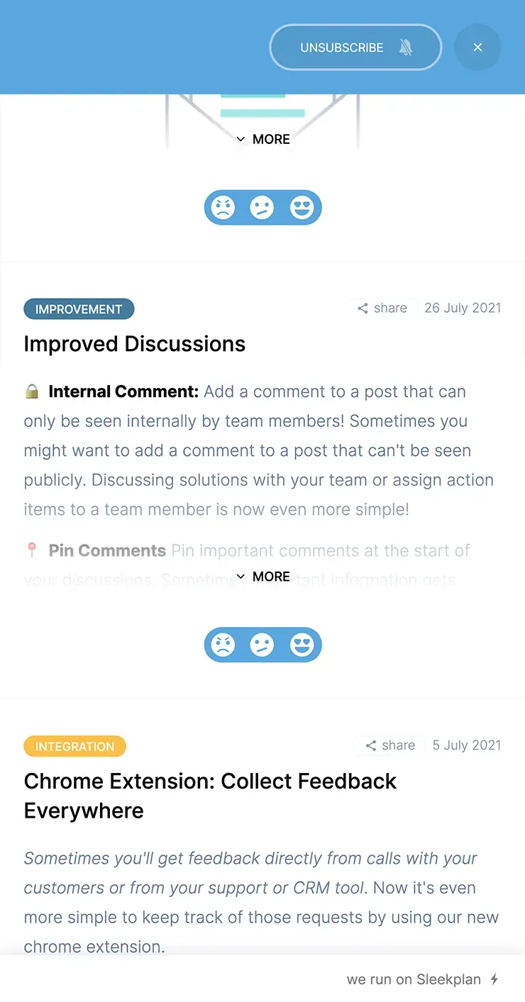 Changelog displayed in an in-app widget