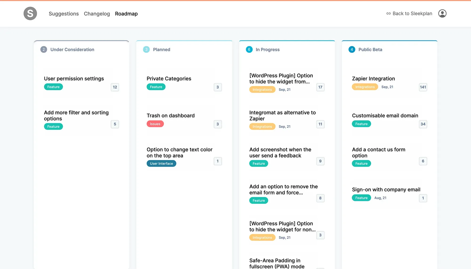 Standalone public roadmap board with Planned / In Progress / Released columns