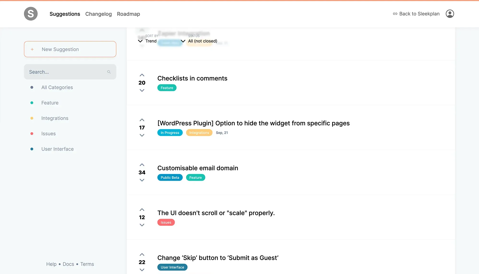 Website feedback board with voted suggestions