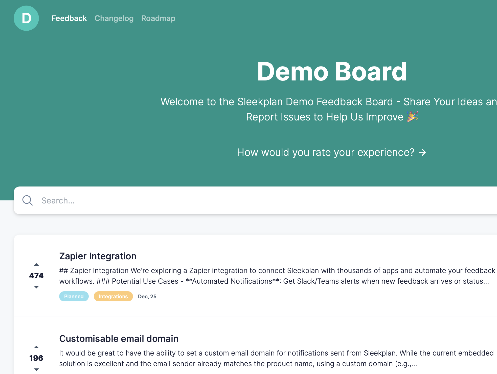 Sleekplan public demo feedback portal — Demo Board with voting, statuses and categories.